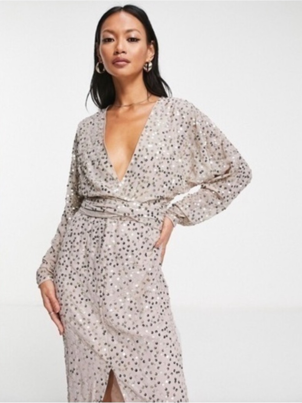 Sequin Wrap Midi Dress in Champagne